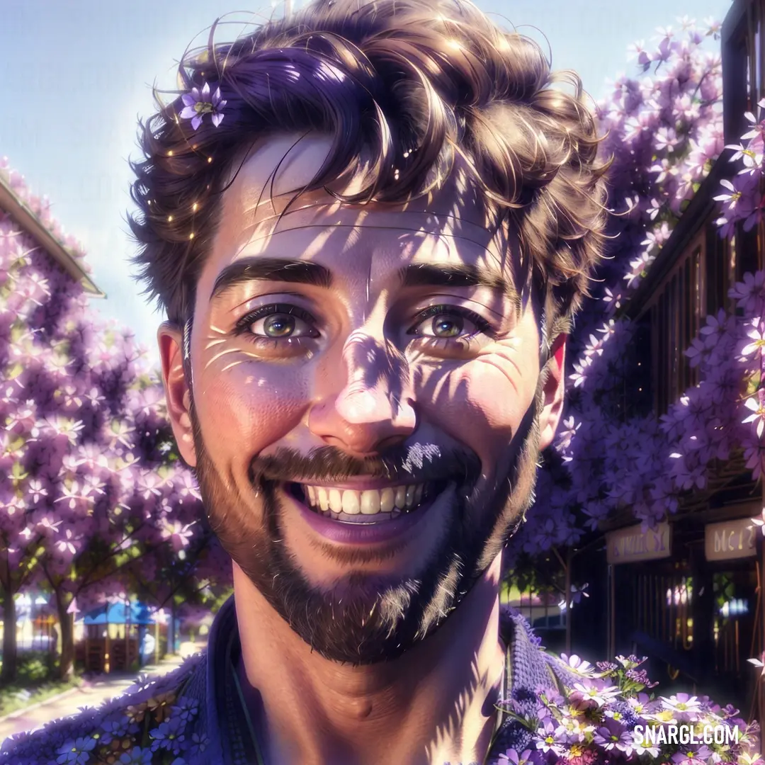 Man with a beard and a beard standing in front of a tree with purple flowers on it and a building in the background