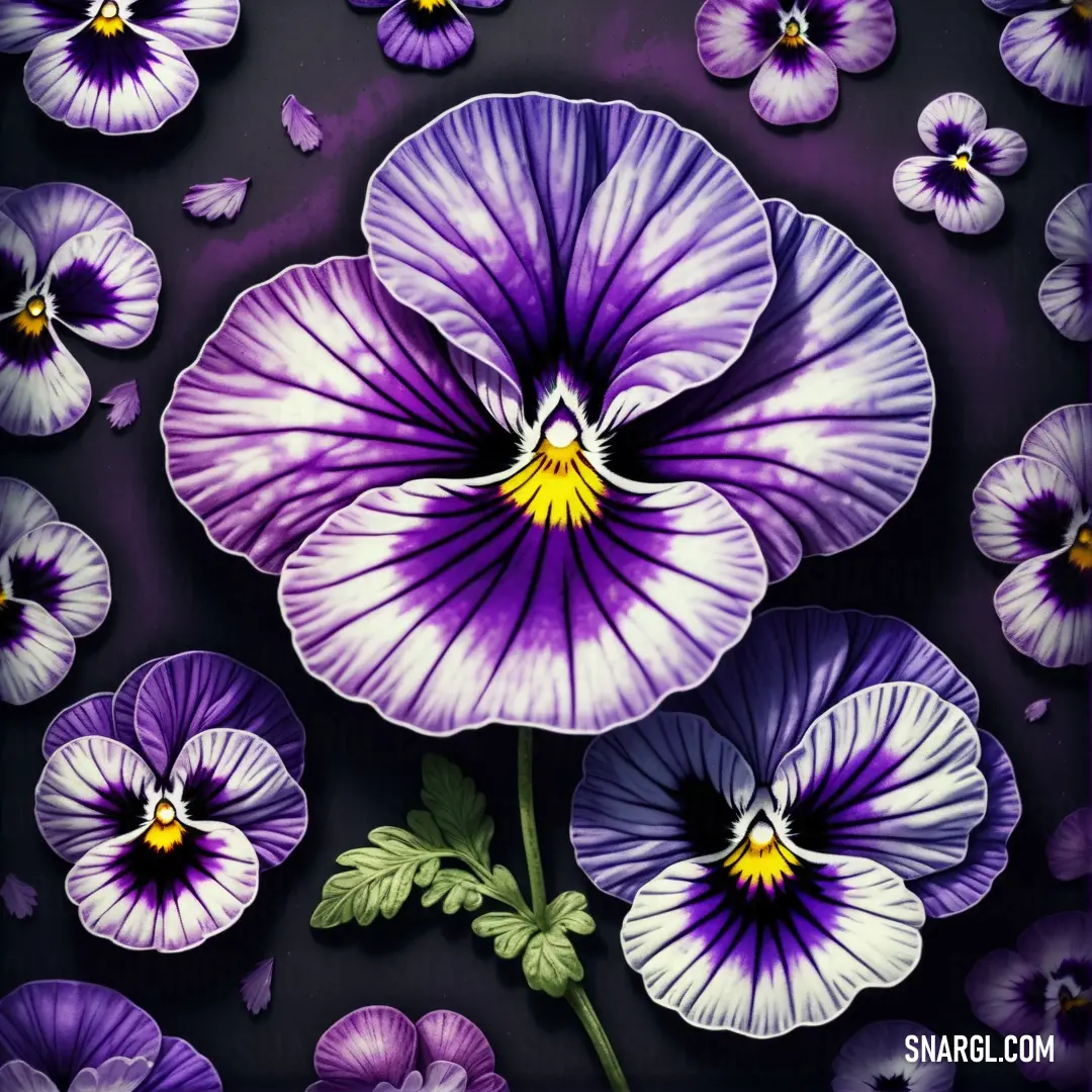 Painting of purple flowers and leaves on a black background with a yellow center