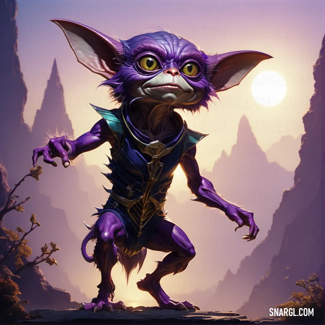Purple creature with a horned face and a sword in his hand