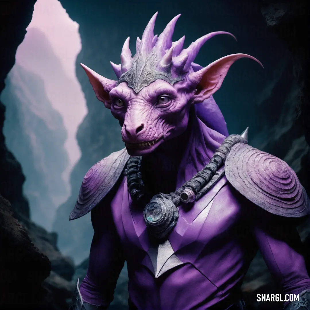 Purple creature with horns and a helmet on a rock formation with a cave in the background and a purple sky