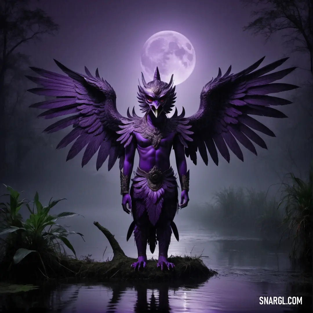 Purple demon standing in the middle of a lake with a full moon in the background and a purple sky