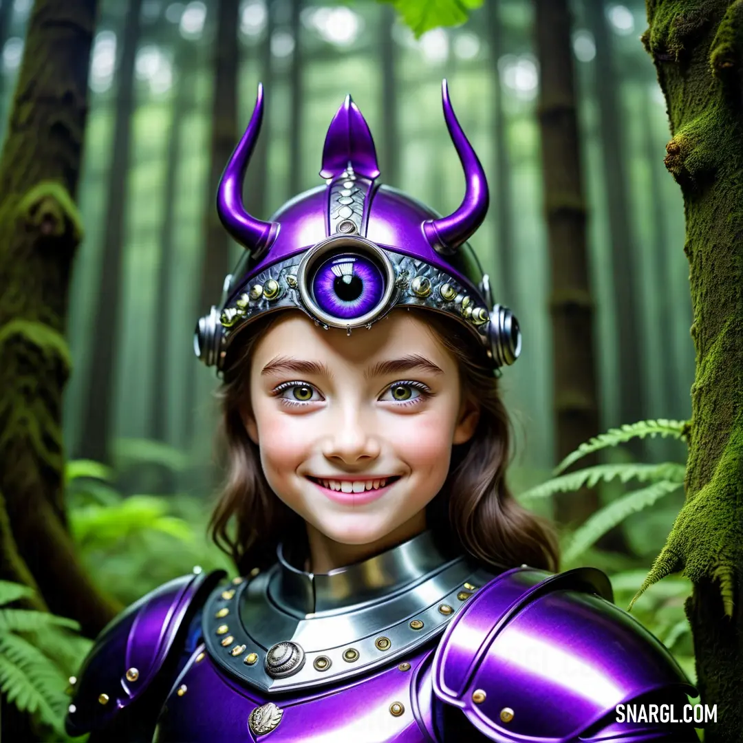 Young girl dressed in a purple knight outfit and helmet in a forest with ferns and trees in the background