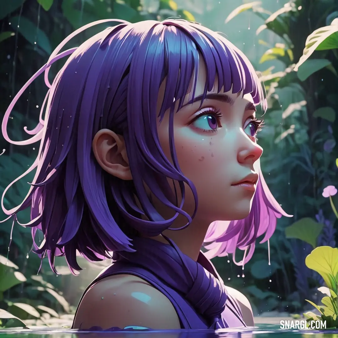 #3B3380. Girl with purple hair and blue eyes is standing in the water and looking at the plants and flowers