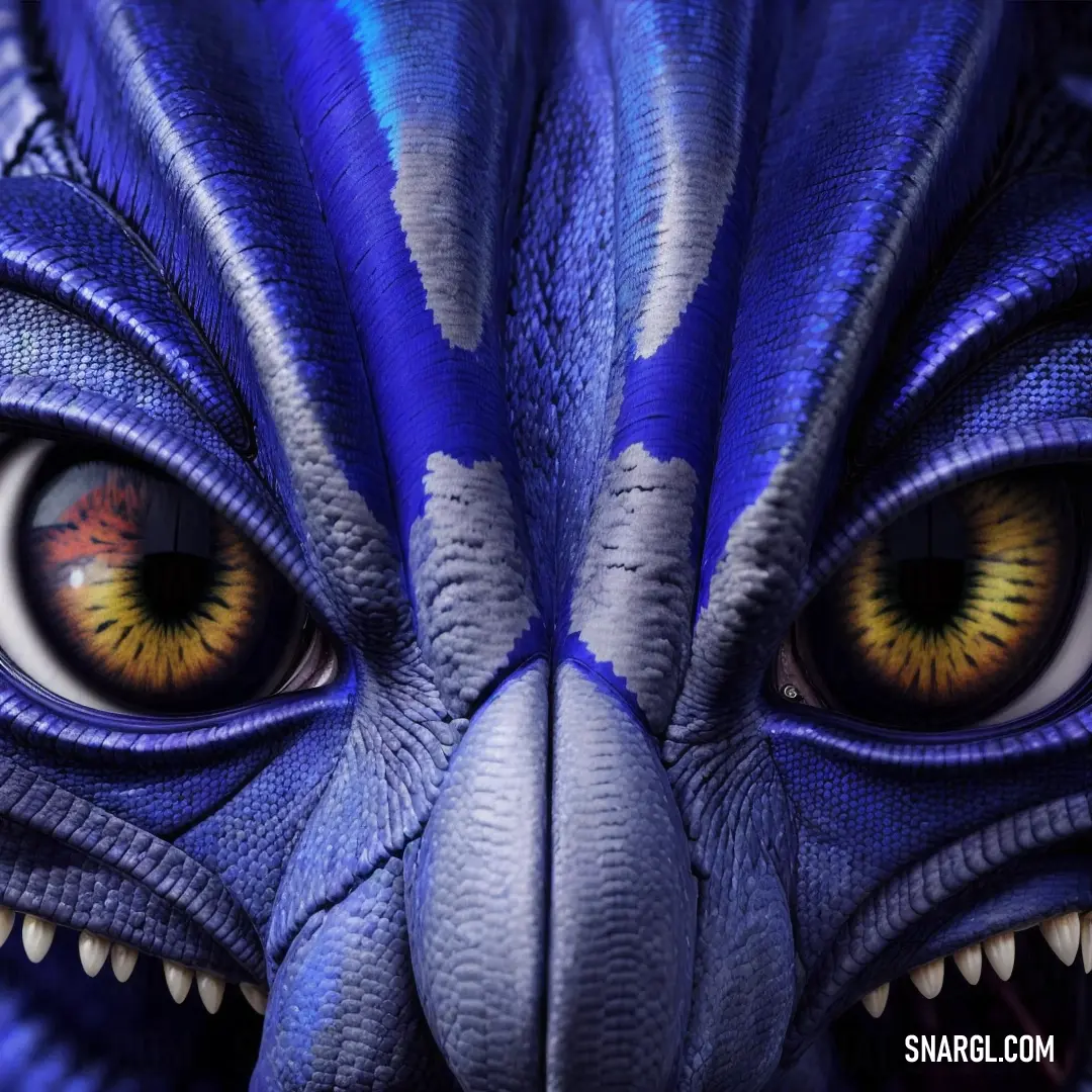 Close up of a blue dragon's face with yellow eyes and a black background with a white stripe. Color CMYK 97,95,0,0.