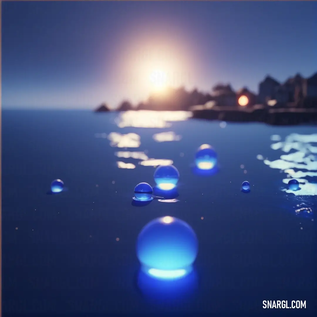 CMYK 97,95,0,0 example: Group of blue bubbles floating on top of a body of water at night time with a sun in the background