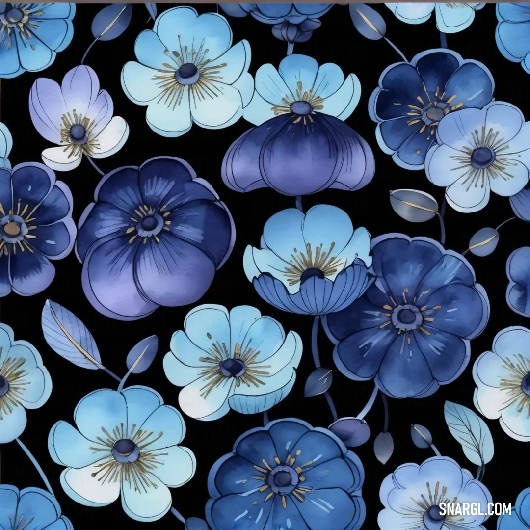 PANTONE 2736 color example: Picture of a bunch of flowers on a black background with blue and white flowers on it and a gold border