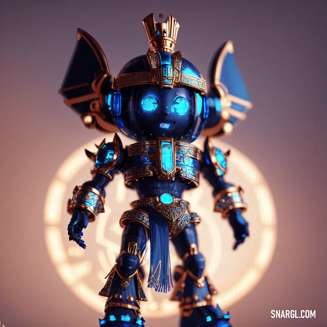 Blue robot with a gold helmet and blue eyes standing in front of a circular light with a circular light behind it