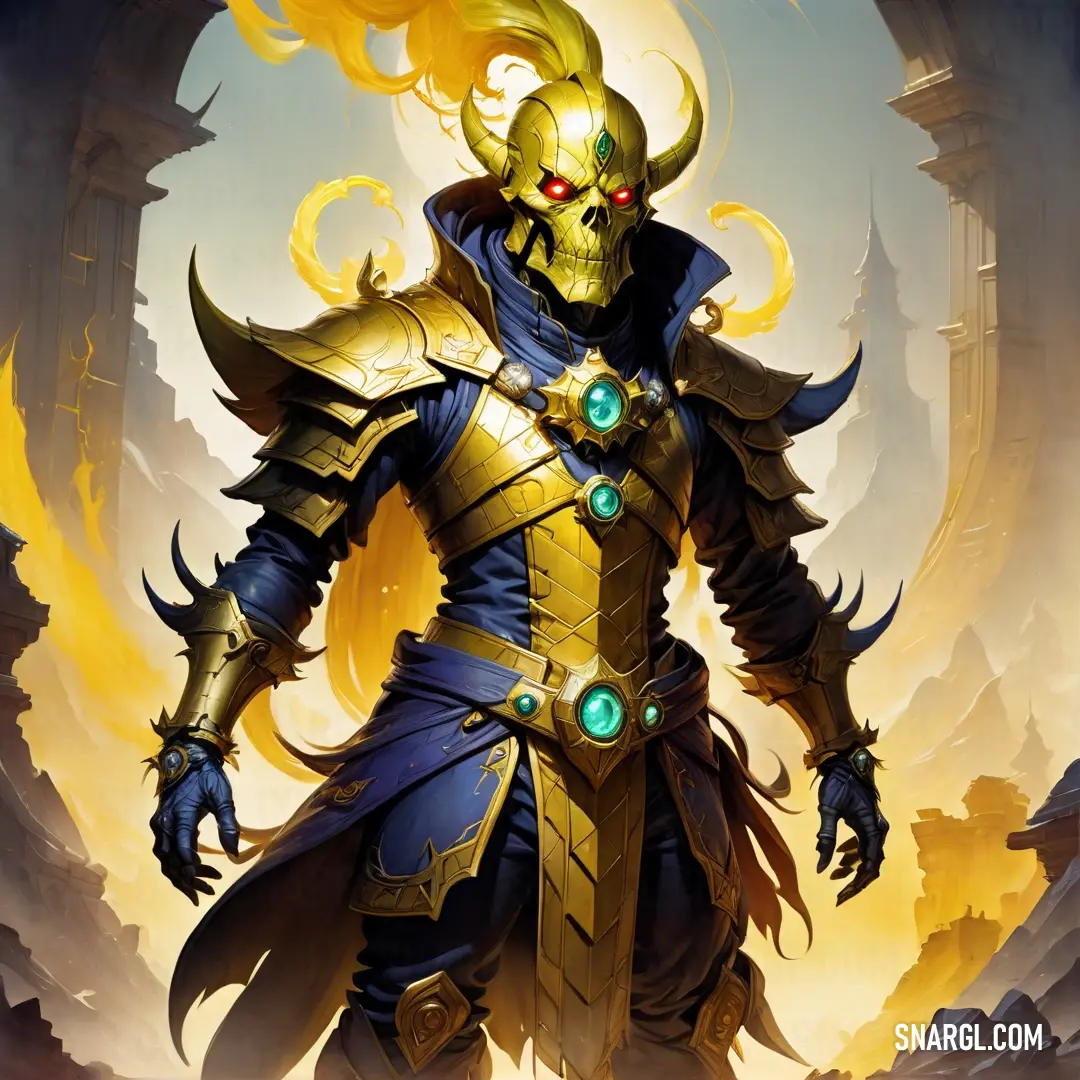Character in a fantasy game with a golden helmet and blue armor and a yellow flame in his hand. Example of #353D8A color.