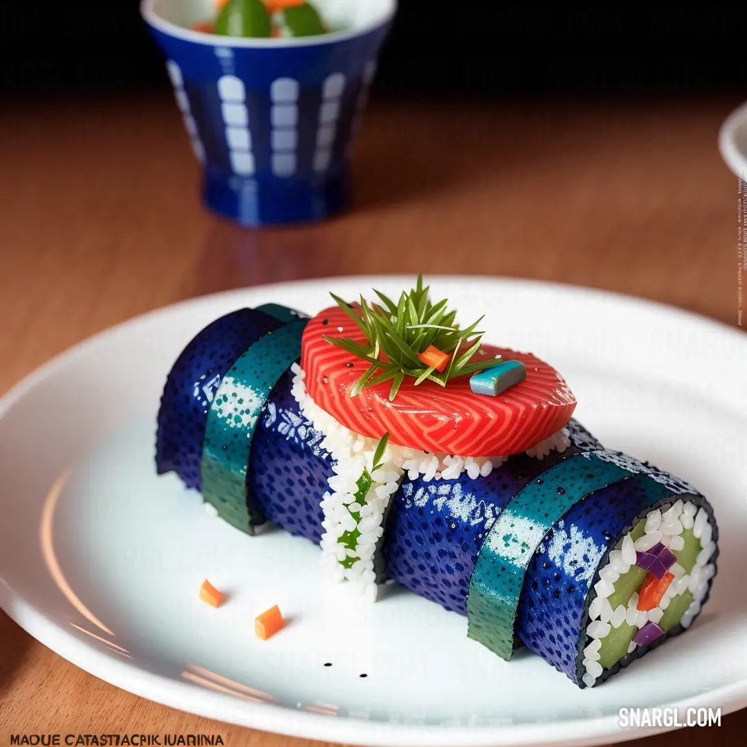 Plate with a sushi on it on a table next to a cup of water and a fork, Aya Goda. Example of PANTONE 2738 color.