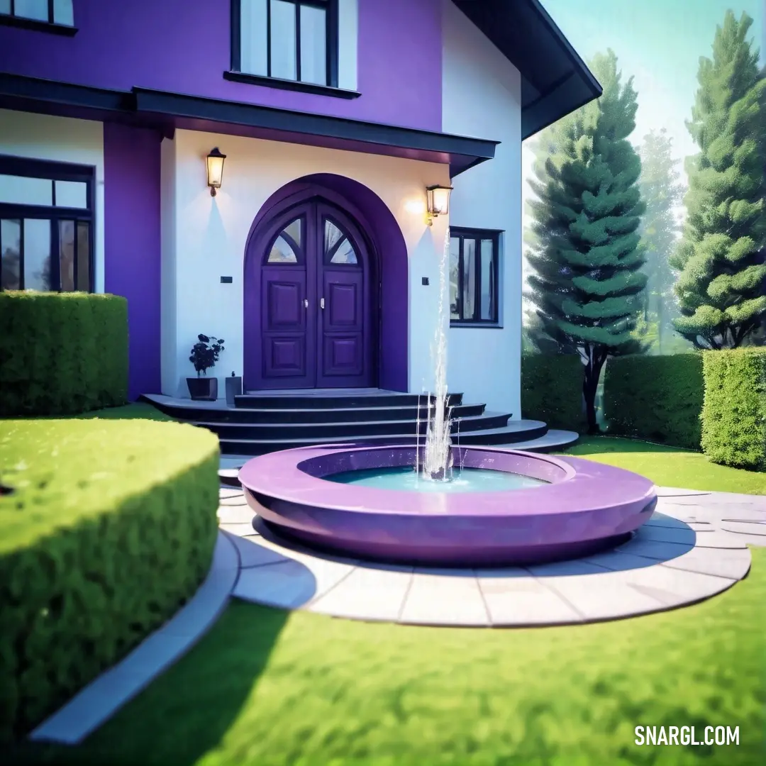 Purple house with a fountain in front of it and a tree in the background. Example of CMYK 100,92,0,1 color.