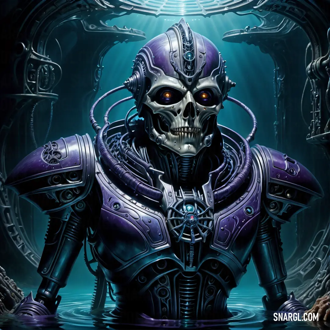 Skeleton in a suit with a helmet and a sword in his hand. Color #302D63.