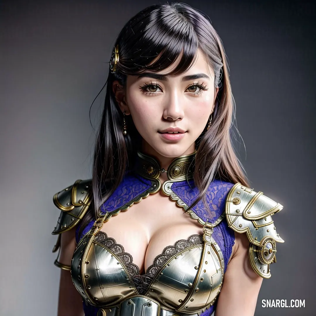 Woman in a cosplay outfit posing for a picture with her breasts exposed and large breasts exposed. Example of RGB 48,45,99 color.