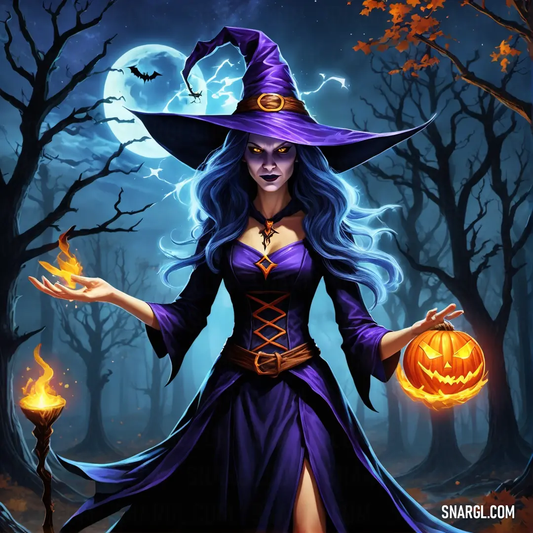 Woman dressed in a witch costume holding a pumpkin in a forest with a full moon behind her and a full moon behind her