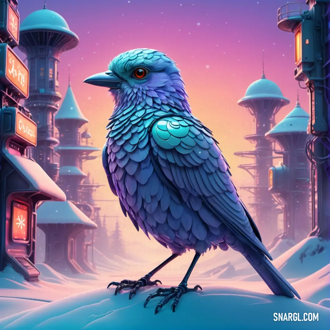 Bird on a snowy hill in front of a building with a clock tower in the background. Example of RGB 47,63,144 color.