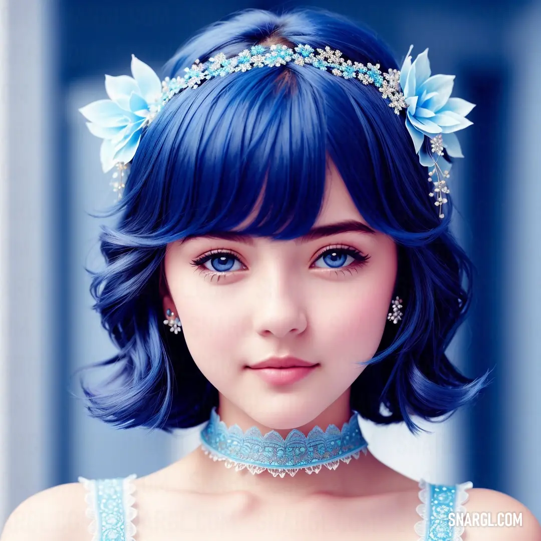 Blue haired girl with a blue hair and a tiara on her head is looking at the camera. Color #2F3F90.