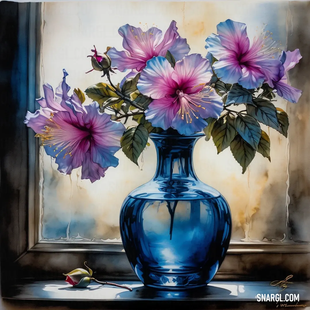 Painting of a blue vase with purple flowers in it and a rose in the vase on the table. Color CMYK 100,98,0,0.