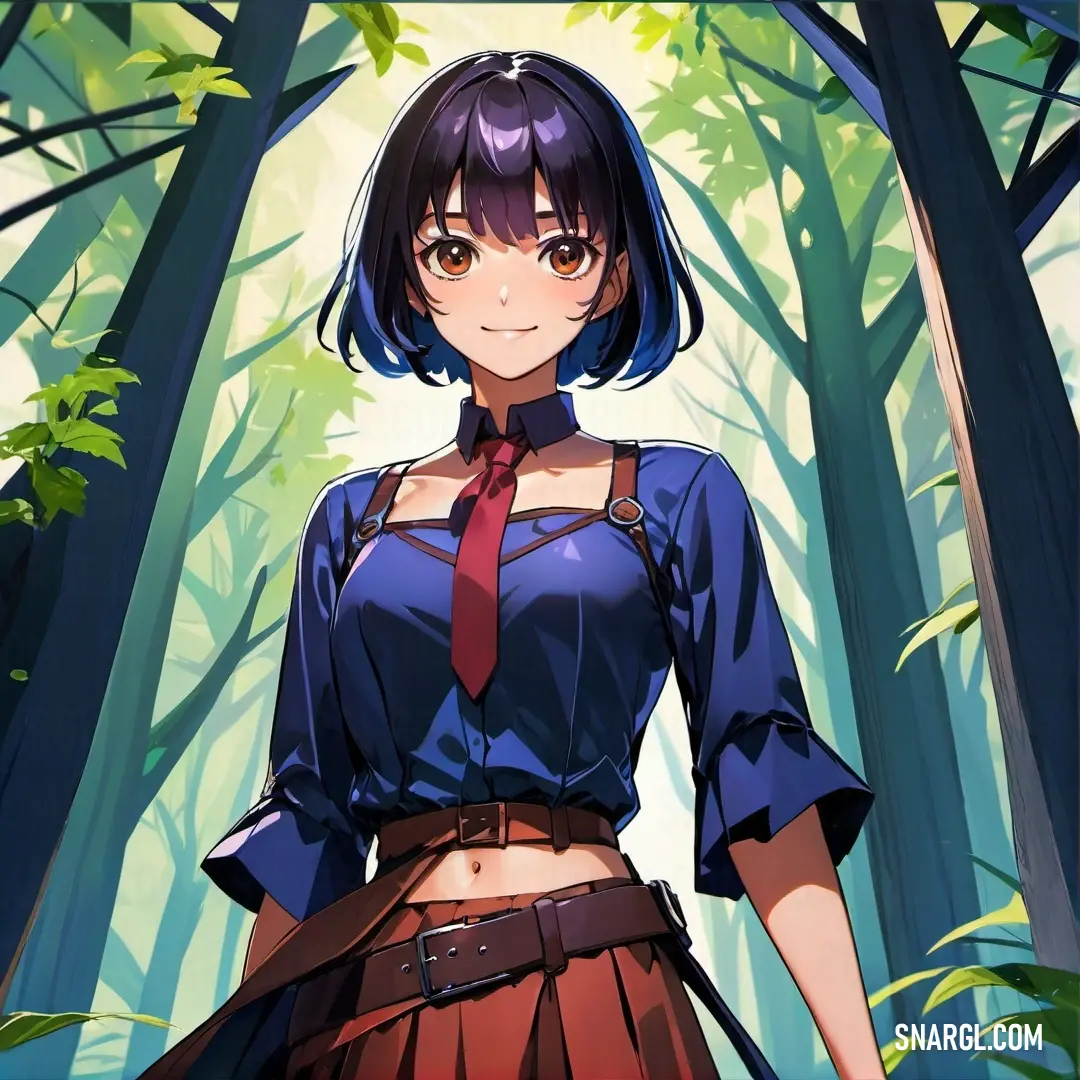Woman in a blue shirt and red tie standing in a forest with trees and leaves behind her. Example of RGB 47,63,144 color.