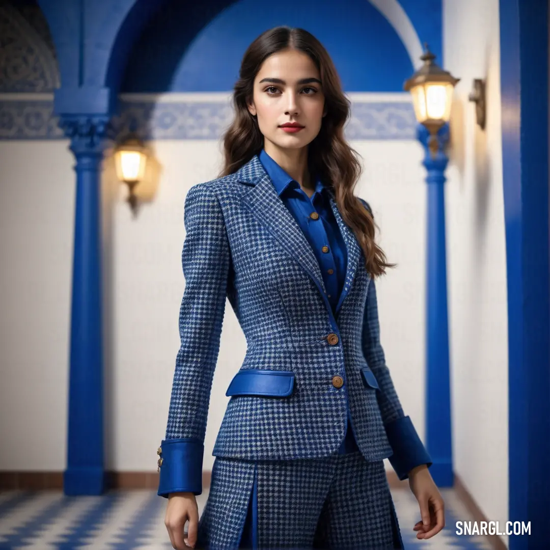 Woman in a blue suit standing in a hallway with a blue wall and blue pillars behind her. Example of #2F3F90 color.