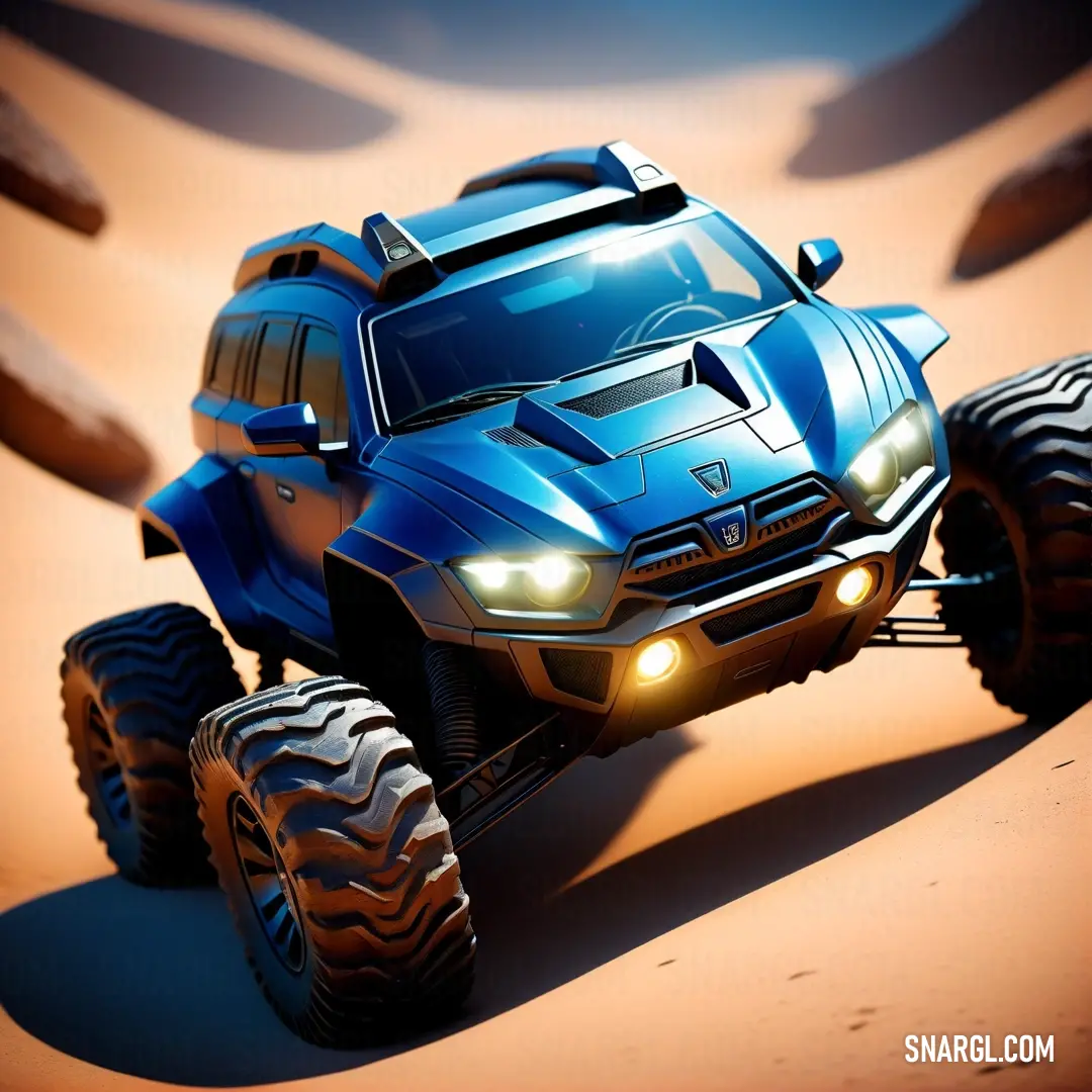 PANTONE 2747 color. Blue monster truck driving through a desert area with rocks and sand in the background