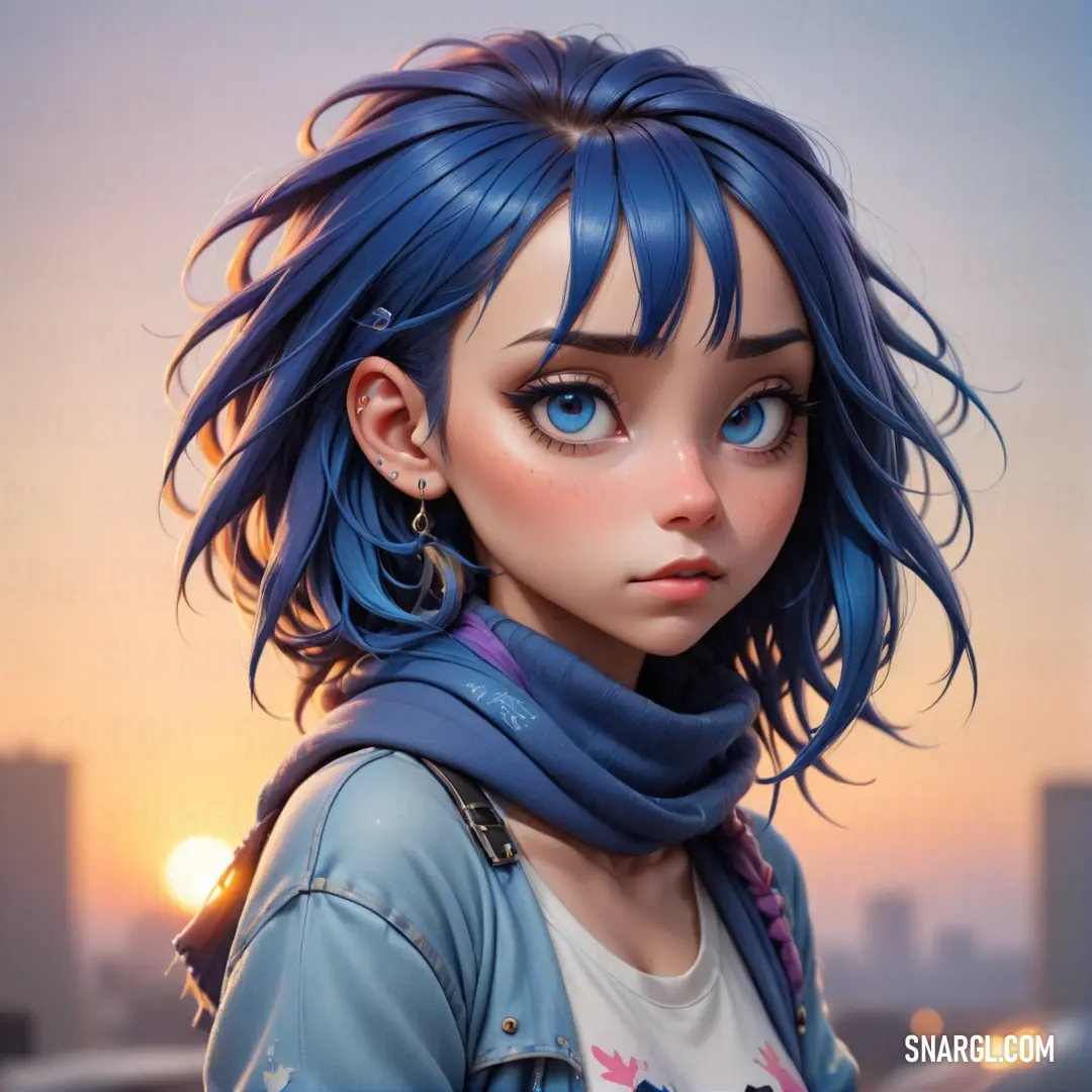 Girl with blue hair and a scarf around her neck looking at the camera with a city in the background. Example of RGB 43,62,133 color.