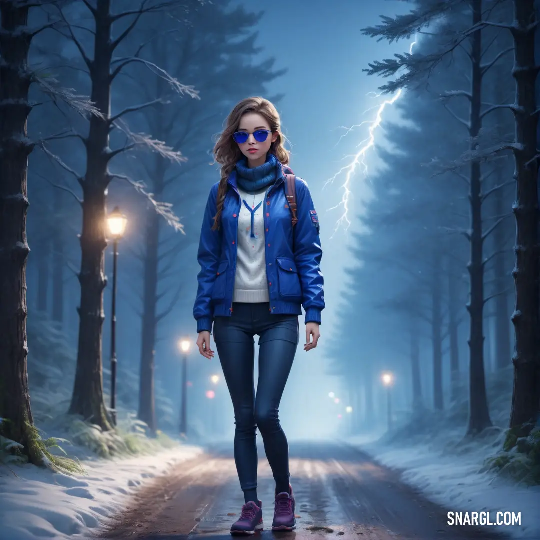 Woman walking down a road in the snow with a lightning bolt in the background. Example of RGB 43,62,133 color.