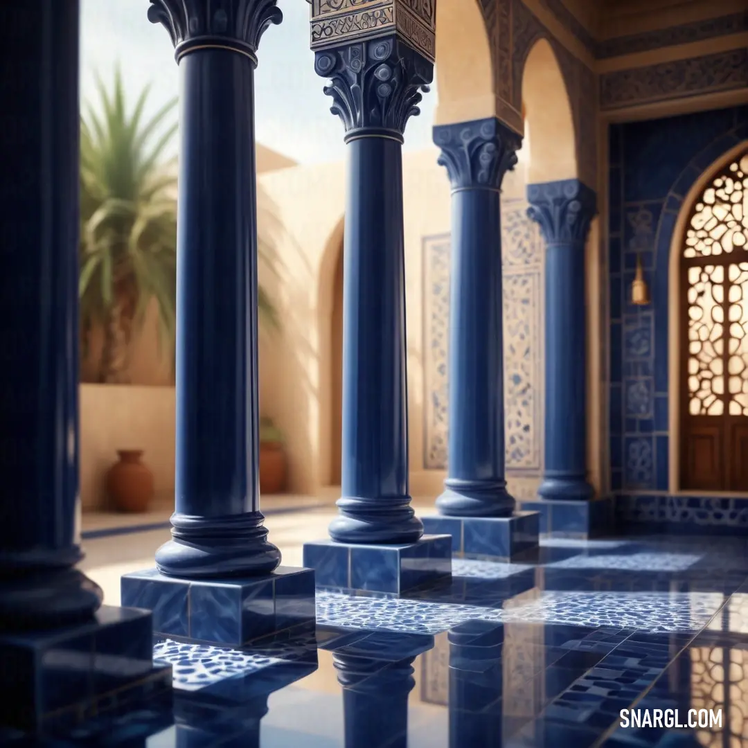 Blue and white tiled floor with columns and a window in the background. Color PANTONE 2748.