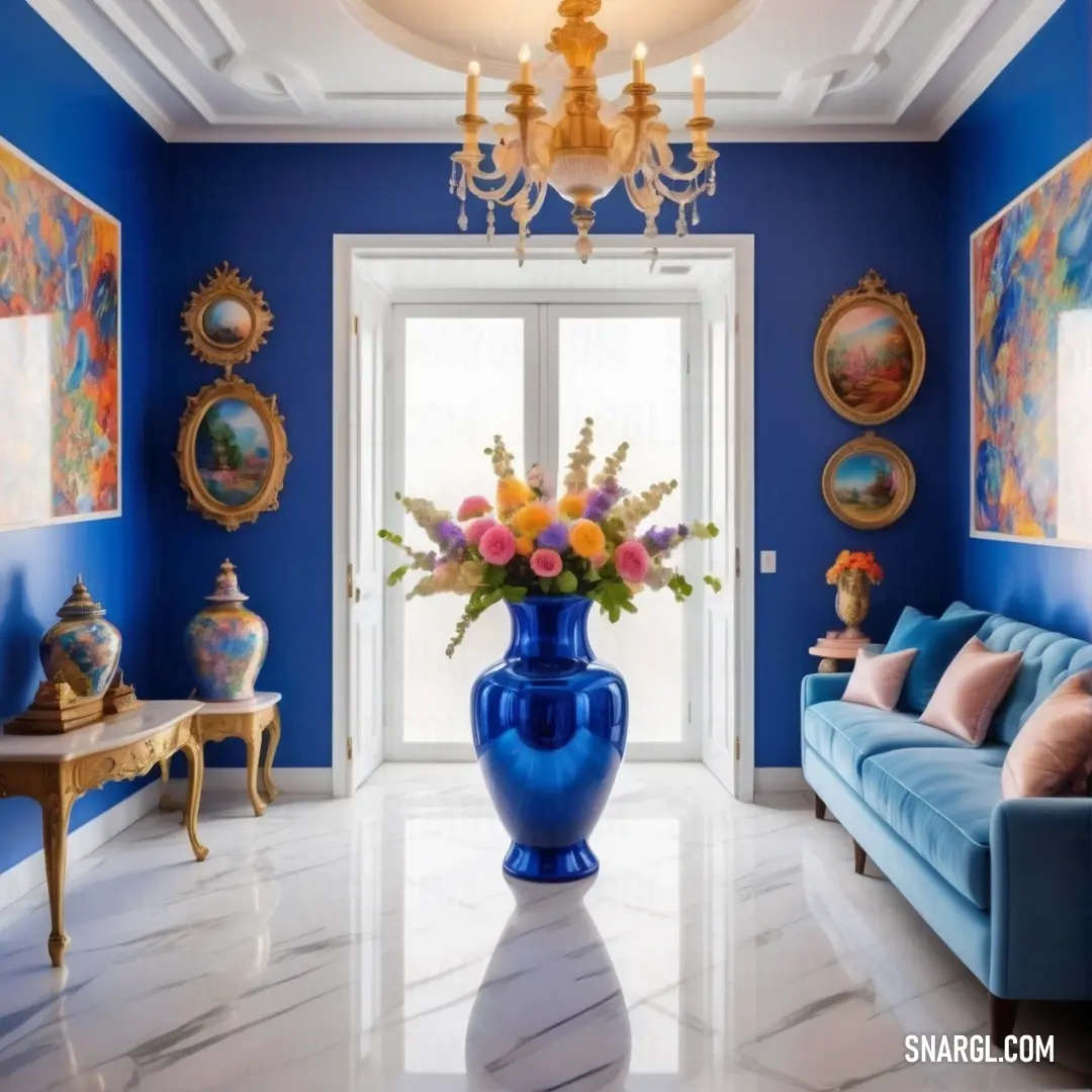 Blue vase with flowers in it in a room with blue walls and a chandelier hanging from the ceiling. Example of #33367C color.