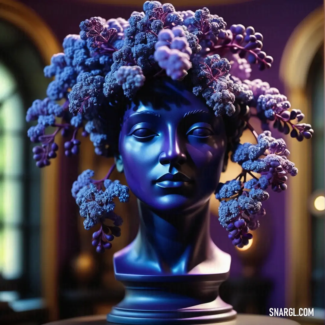 Blue statue with a bunch of flowers on it's head and a purple background. Example of #2D3881 color.
