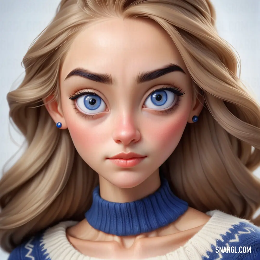 Cartoon girl with blue eyes and blonde hair wearing a sweater and earrings. Example of #2D3881 color.