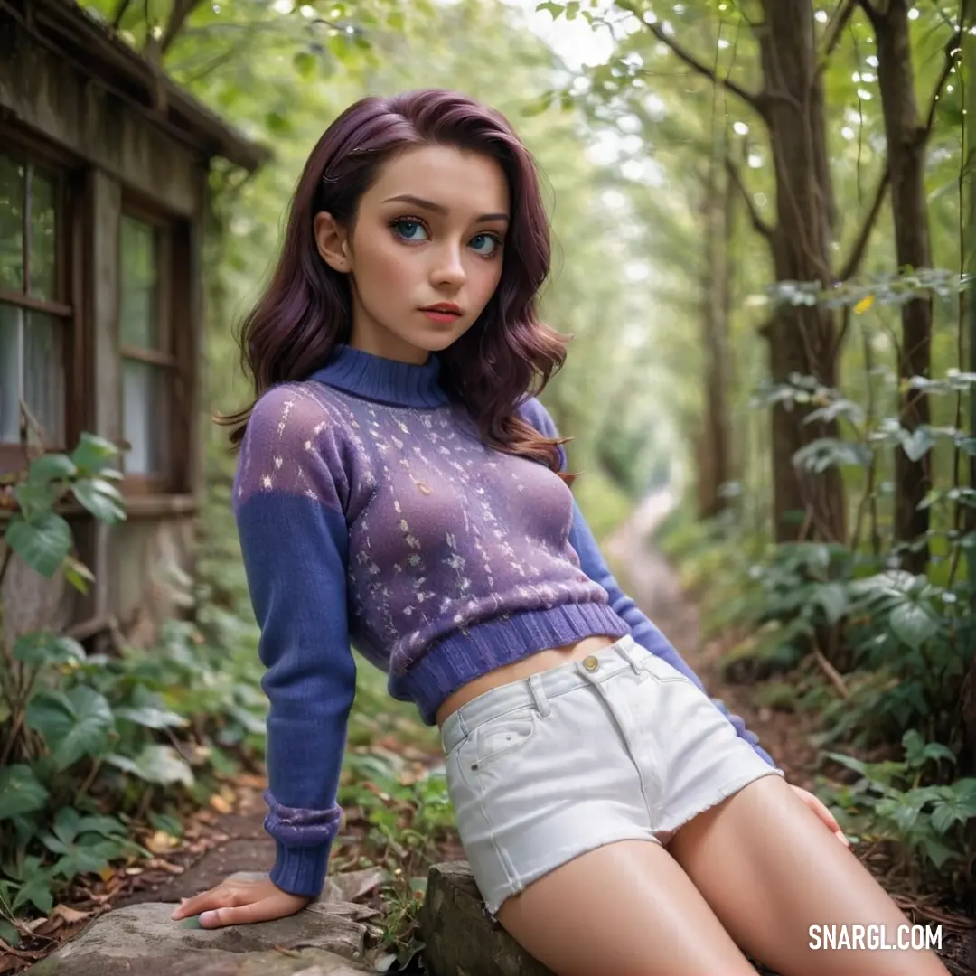 Woman is on a rock in the woods wearing a purple sweater and white shorts and a pair of blue shoes. Color #2D3881.