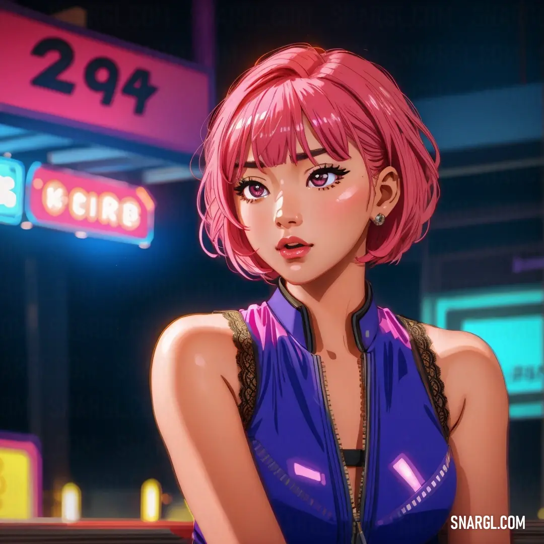 Woman with pink hair and a blue top in front of a neon sign at night time. Color RGB 45,56,129.