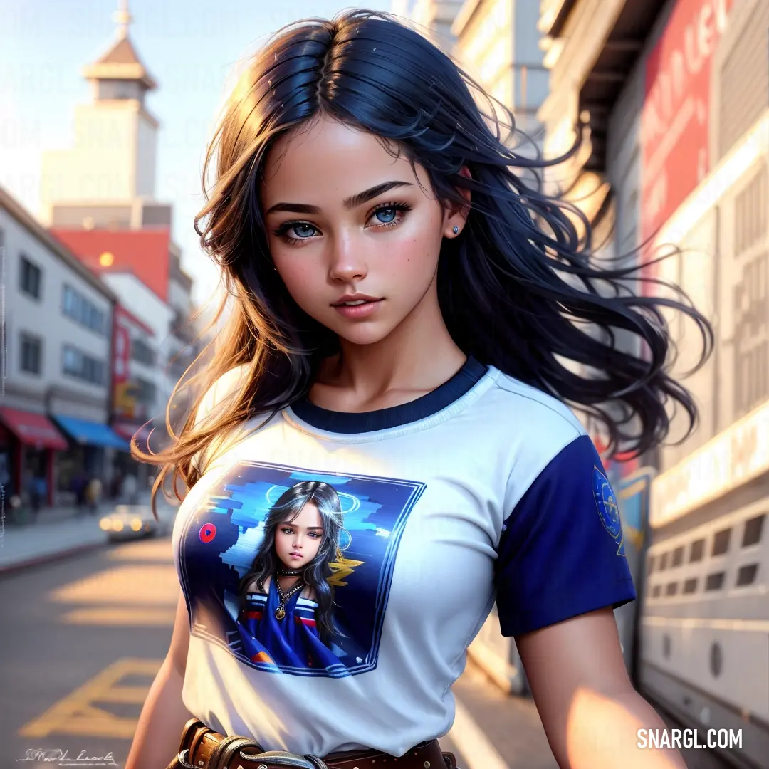 Woman with long hair and a t - shirt on is walking down a street with a city in the background. Color #29366C.