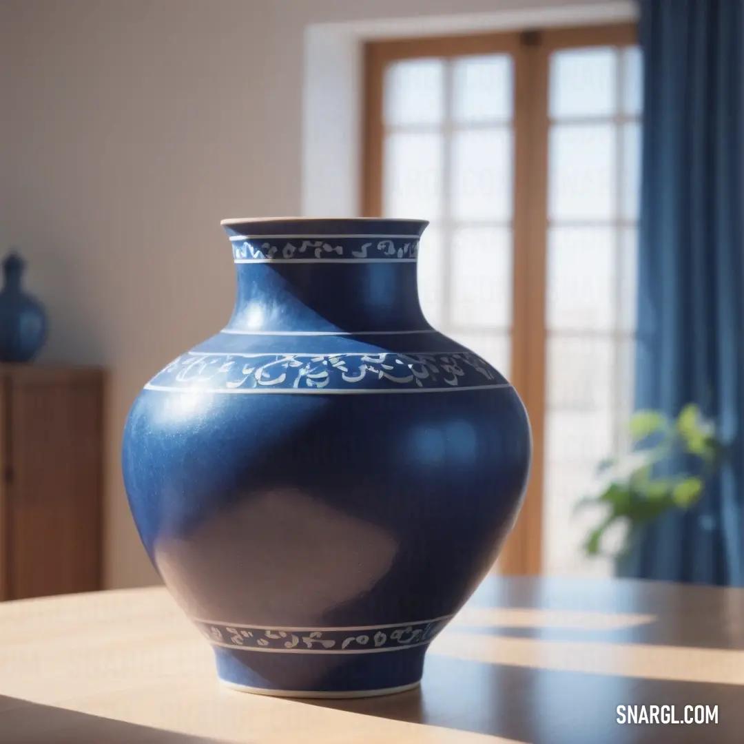 Blue vase on a table in a room with a window behind it and a blue curtain behind it. Color PANTONE 2758.