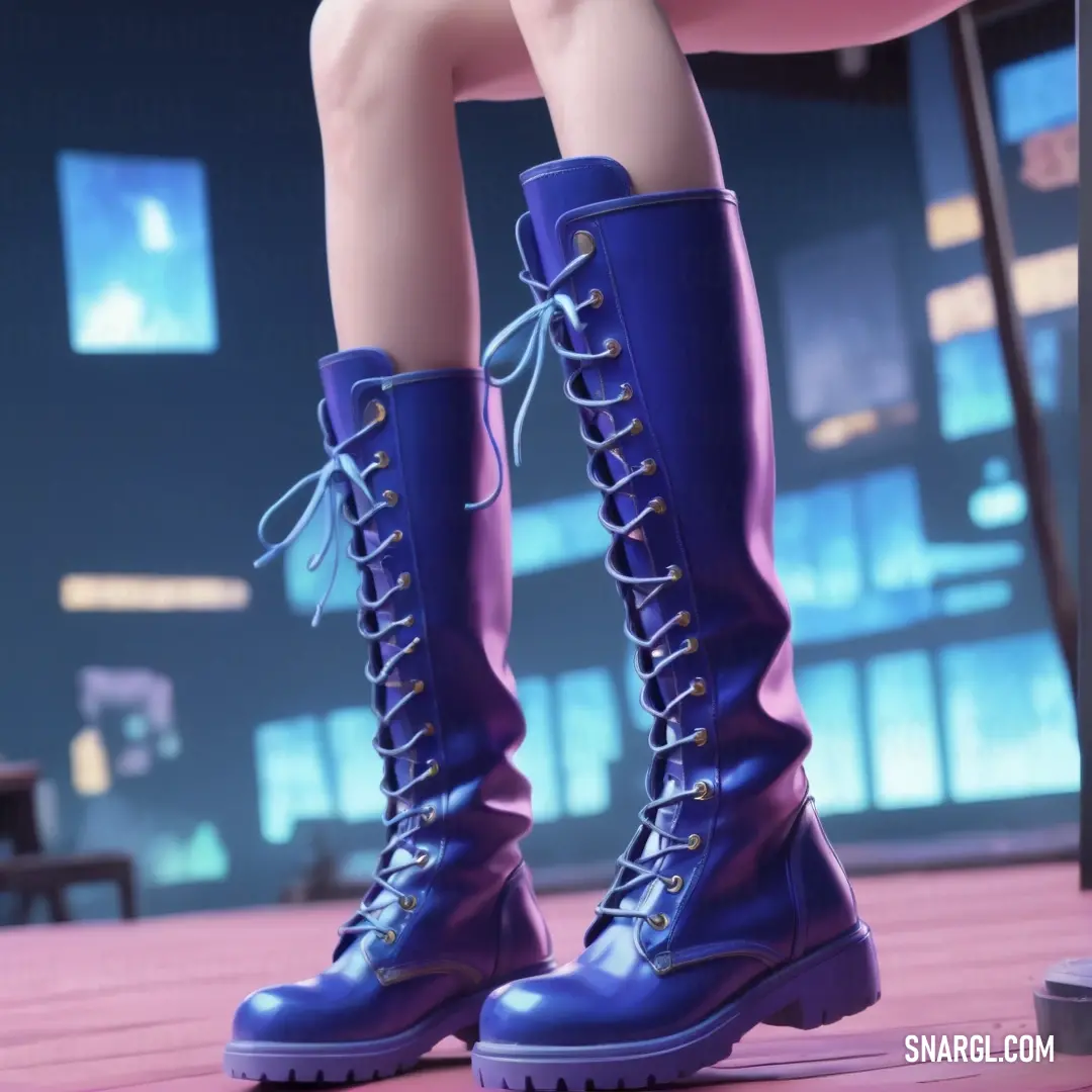 Woman's legs and boots are shown in a video game scene with a pink background. Example of CMYK 100,95,5,39 color.