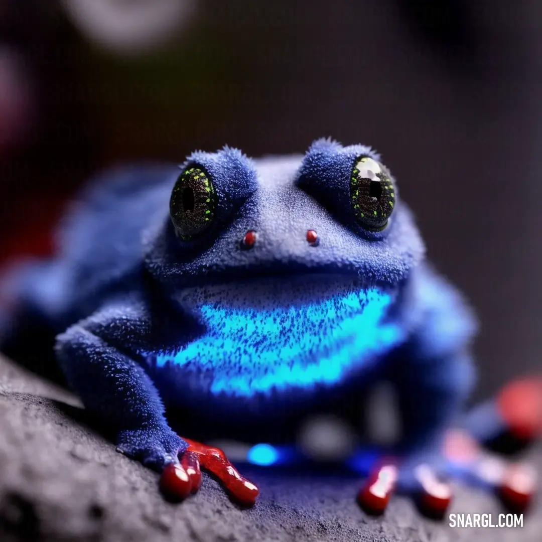 Blue frog with green eyes on a rock with candy canes around it's legs. Example of CMYK 100,100,6,60 color.