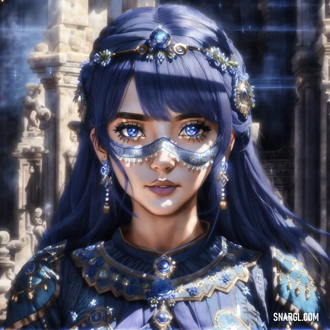 Woman with blue hair and a blue dress and a mask on her face and a blue dress with gold trim. Color #282A55.