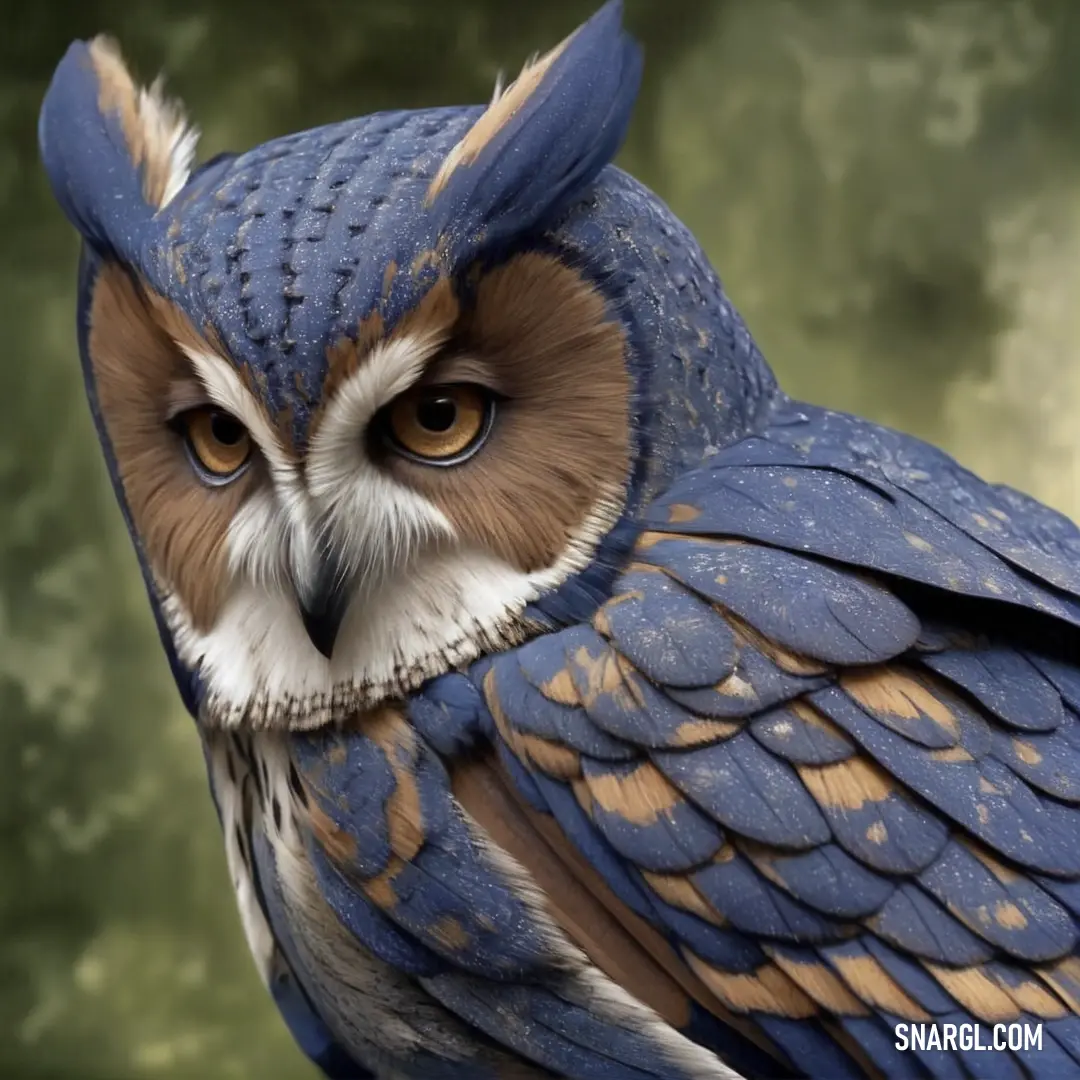 Blue and brown owl with a white face and brown wings and a brown beak and head with a green background. Example of CMYK 100,90,10,77 color.