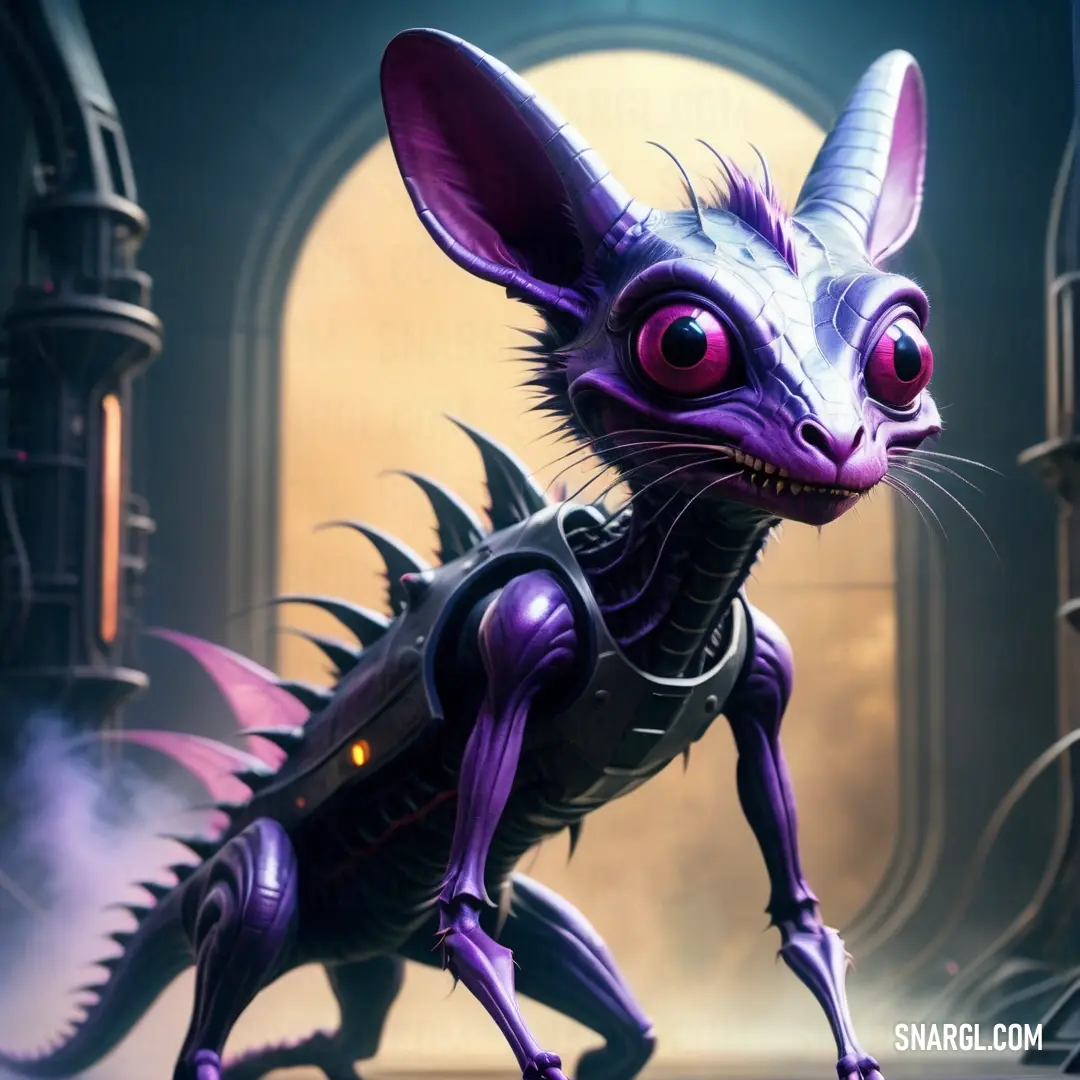 Purple rat with big eyes and a black body is standing in a dark room with a doorway and a light. Color PANTONE 2768.