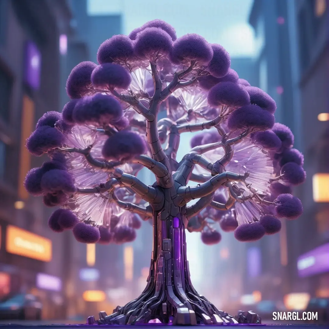 Tree with purple balls in it in a city street at night time with buildings. Color PANTONE 2768.