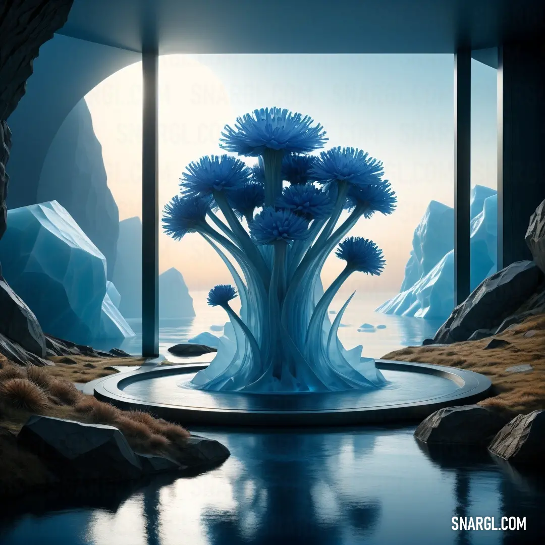 Blue vase with flowers in it on a table in a room with rocks and water in it. Color CMYK 35,9,0,0.