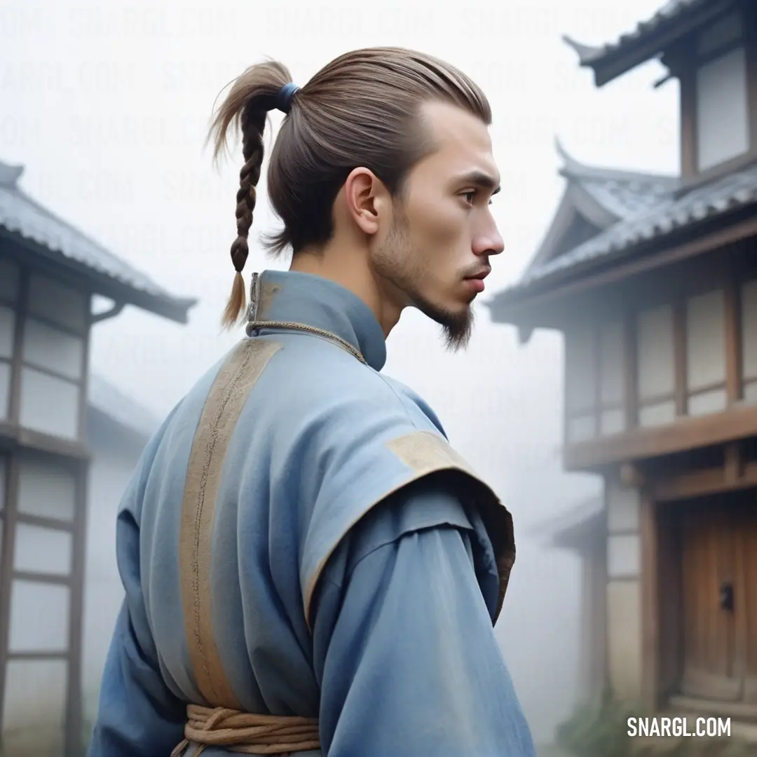 Man with a ponytail in a blue robe and a long ponytail in a ponytail with a ponytail in his hair. Color CMYK 35,9,0,0.