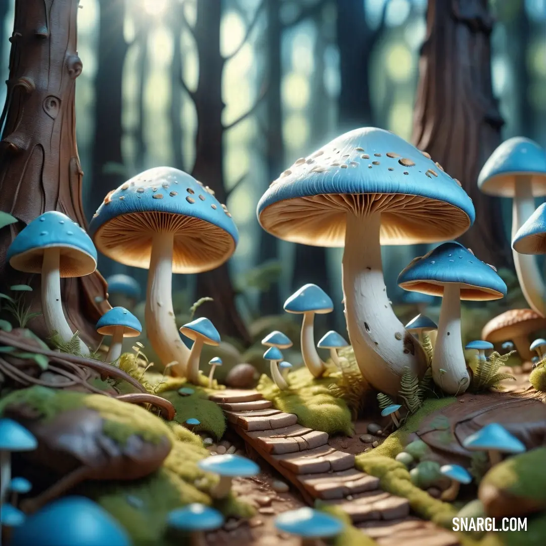 Group of mushrooms that are in the grass near trees and grass on the ground. Color #91B7DE.