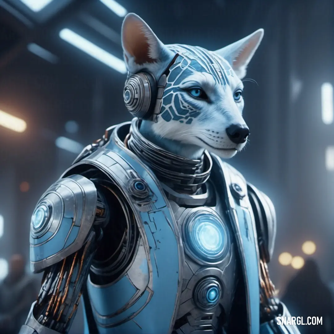 Dog in a futuristic suit with headphones on and a futuristic background. Example of CMYK 68,34,0,0 color.