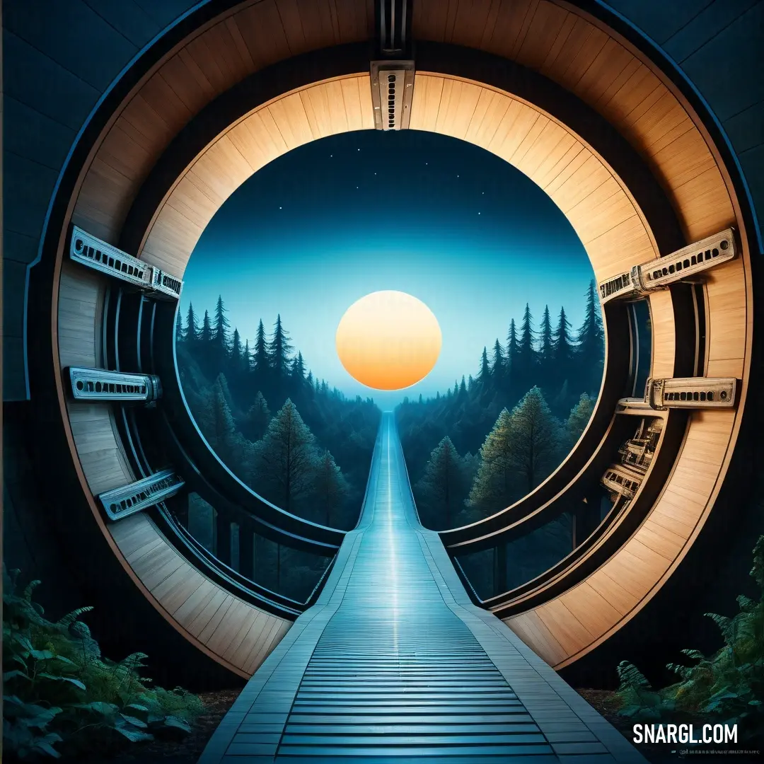 PANTONE 279 color. Tunnel with a pathway leading to a bright sun in the middle of the picture is a forest and a road
