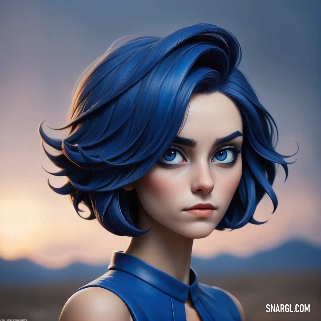 Digital painting of a woman with blue hair and blue eyes. Example of RGB 34,58,118 color.
