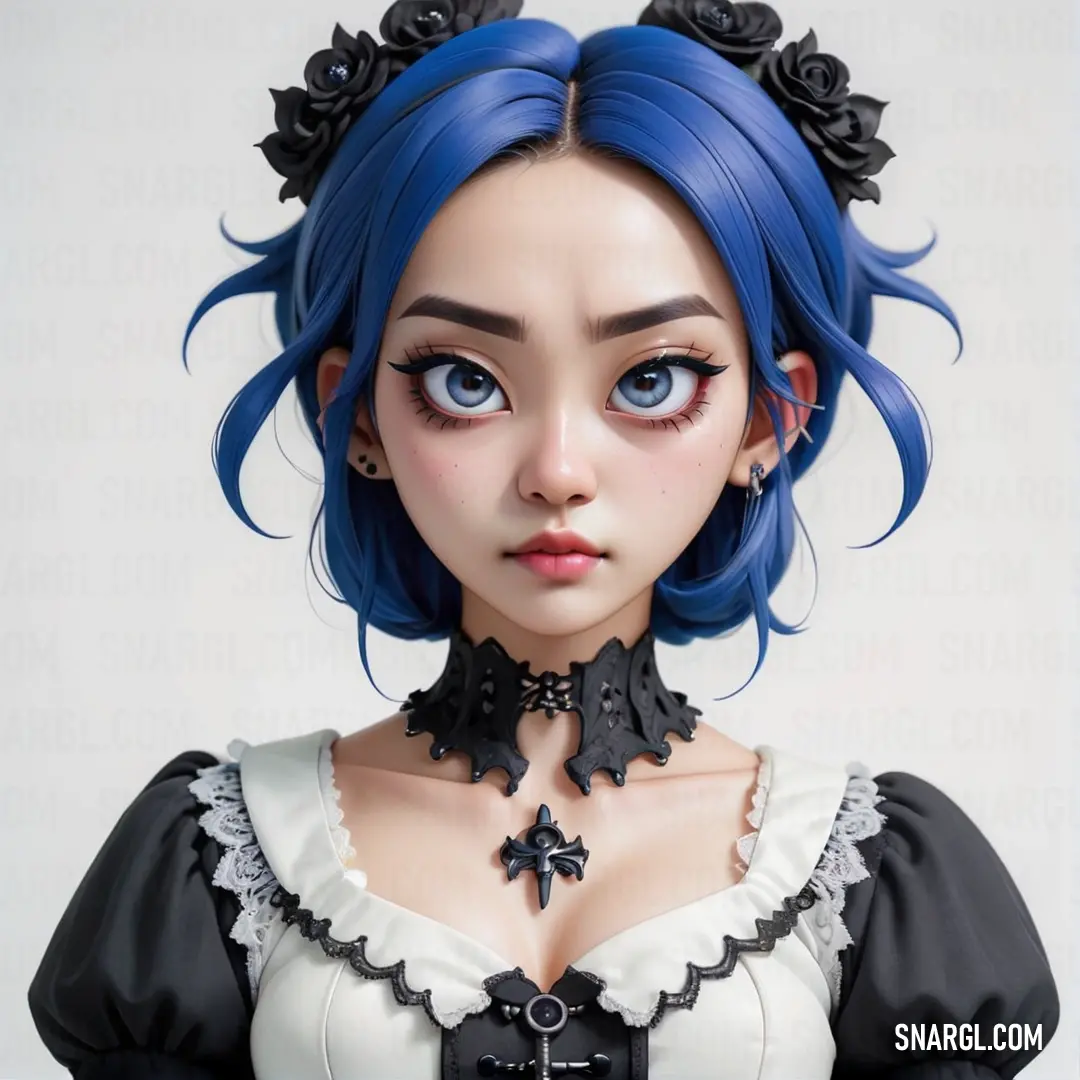 Doll with blue hair and a black collar and dress with black flowers on it's collar and a cross on the collar. Example of RGB 34,58,118 color.