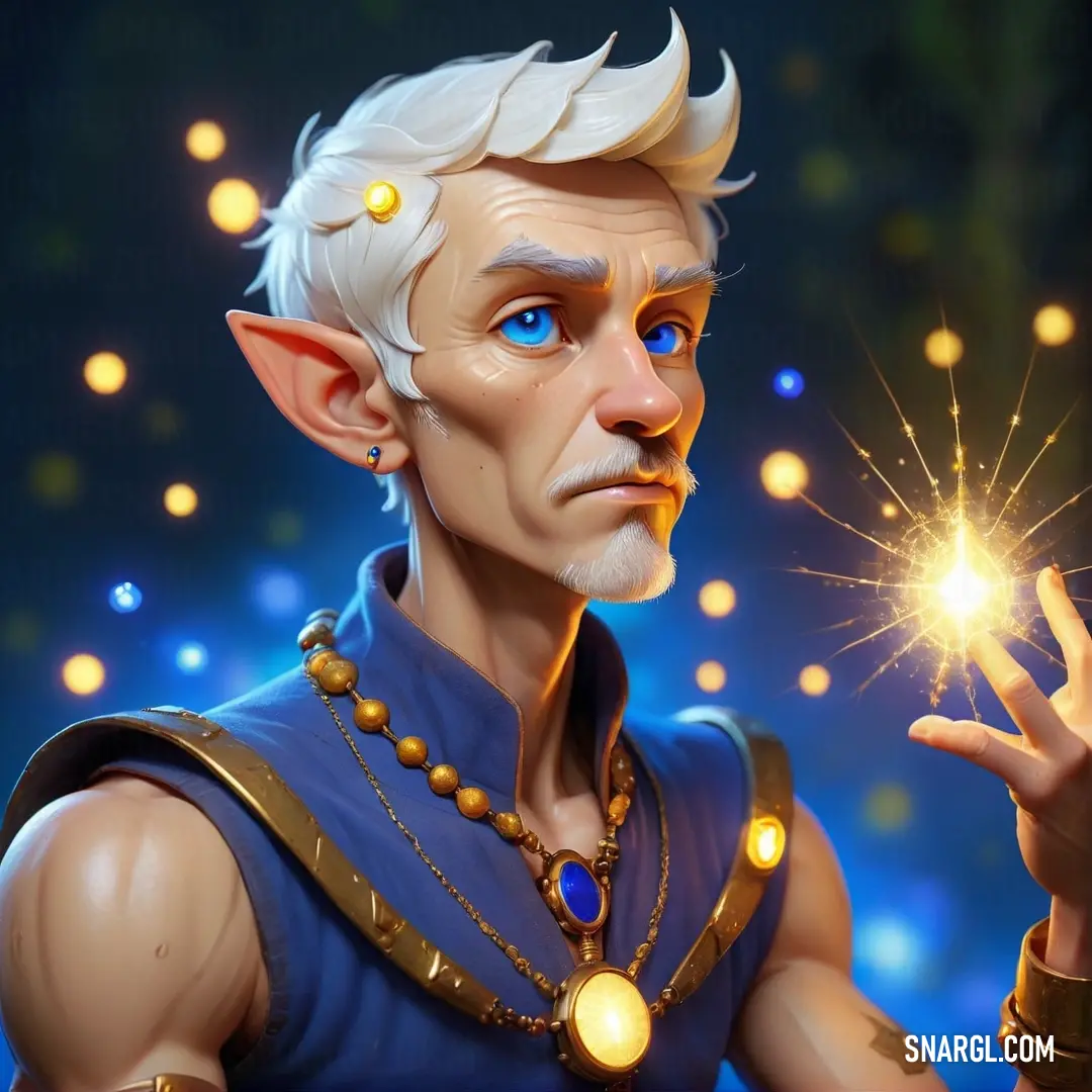 Man with a white hair and blue eyes holding a sparkler in his hand and wearing a blue outfit. Example of RGB 34,58,118 color.