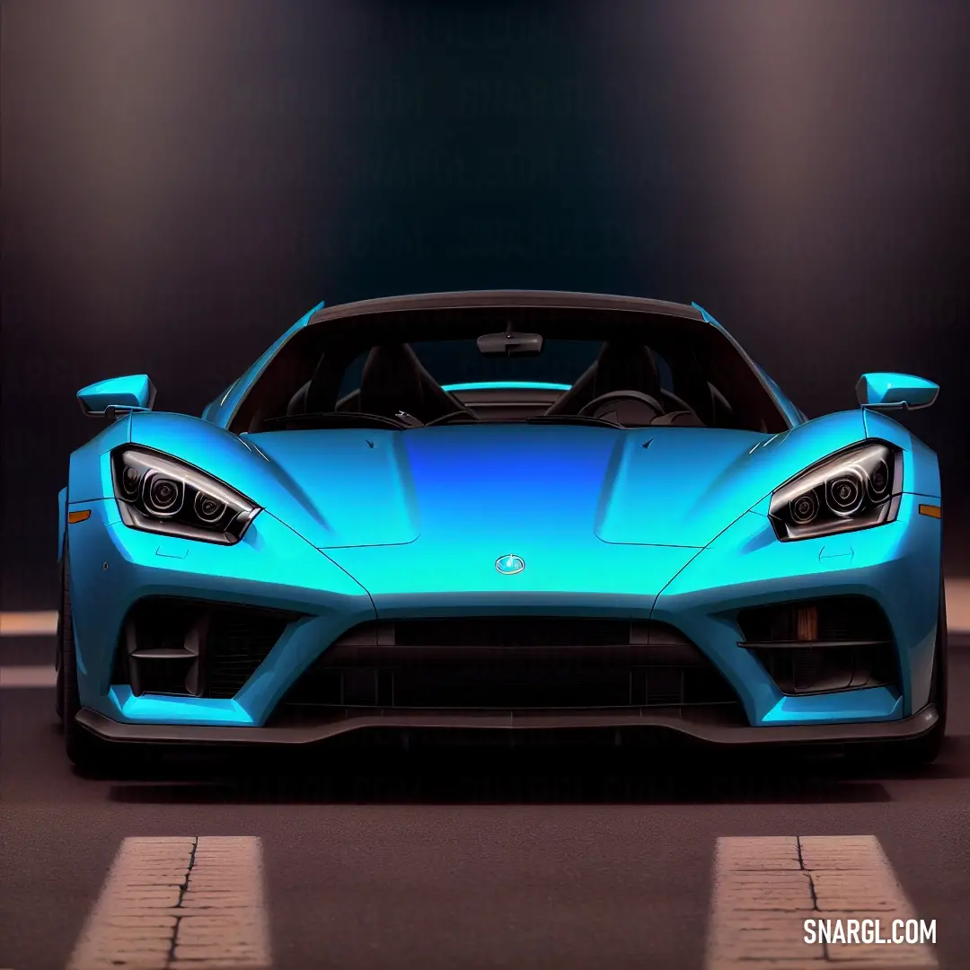 Blue sports car parked in a dark room with a spotlight on the wall behind it and a black floor. Color RGB 35,53,107.