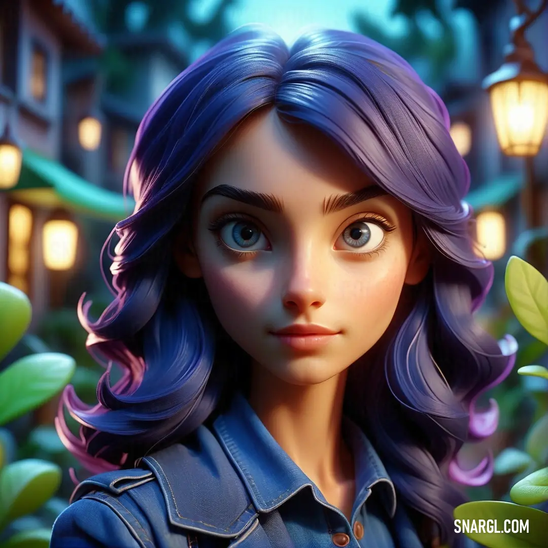 Cartoon girl with blue hair and a blue jacket in a garden with lights and flowers in the background. Example of #23356B color.