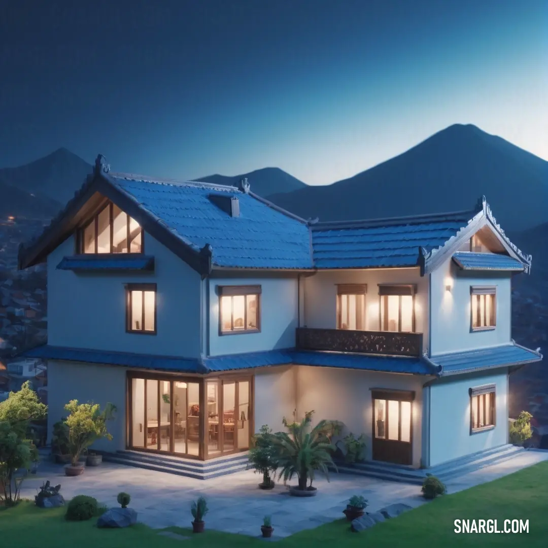 Large house with a blue roof and a mountain in the background. Example of PANTONE 281 color.